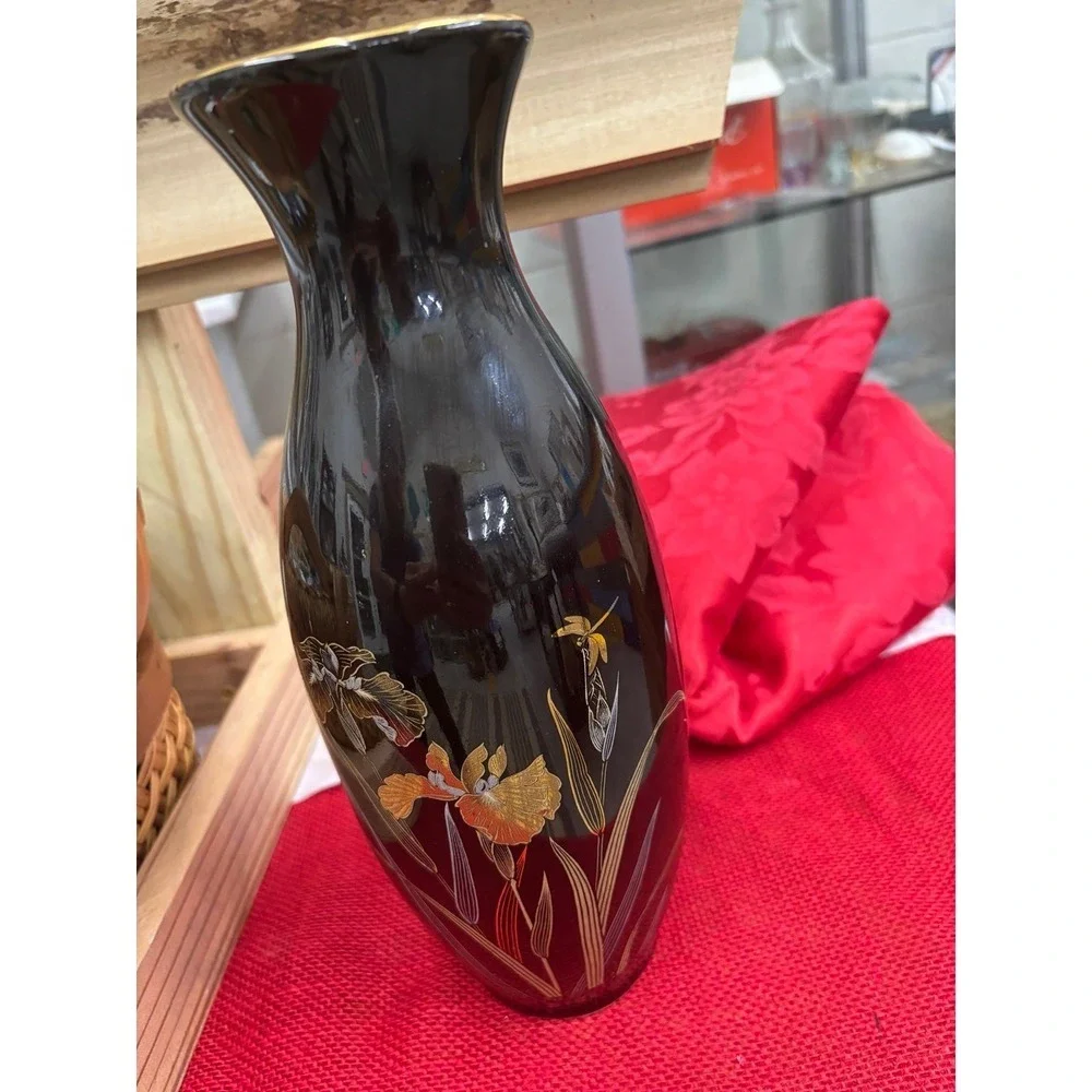 Golden Iris Japan Black Ceramic Bud Vase Gold Silver Floral Iris Vintage 8 Inch